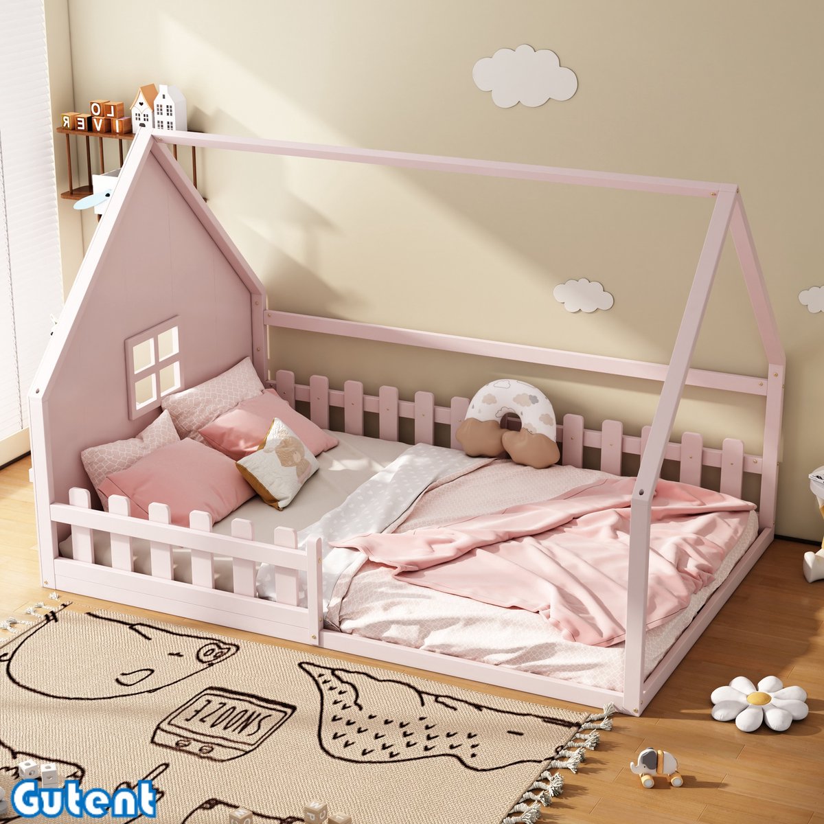 Gutent Kinderbed-140*200 cm-Huis lijst-rails-Pine-Roze-Geen matras