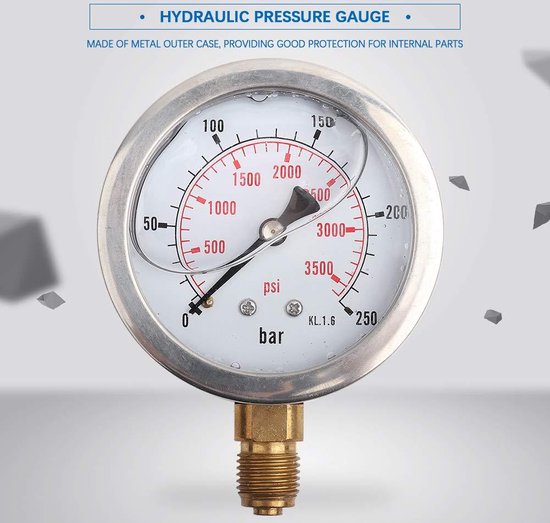 Produktbild von Hydraulisches Manometer 0–250 Bar / 0–3750 Psi – 63 Mm Zifferblatt, G1/4" Gewinde, Metallgehäuse, Flüssigkeitsgefüllt, Für Druckmessung