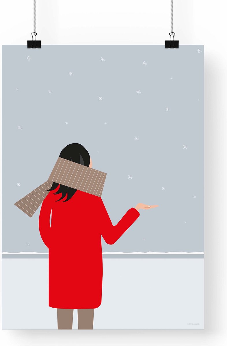 Artprint Sneeuw - Winterse illustratie in A3 formaat - Poster met meisje dat de eerste sneeuw opvangt