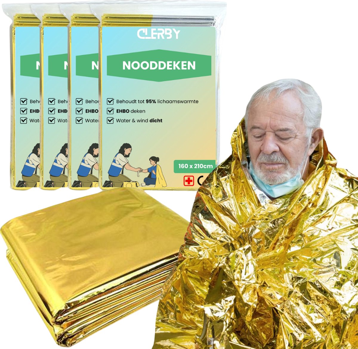 Clerby - Nooddeken - Set van 4 Stuks - Isolatiedeken - Reddingsdeken - 160 x 210 CM - Aluminium - PET - Goud/Zilver