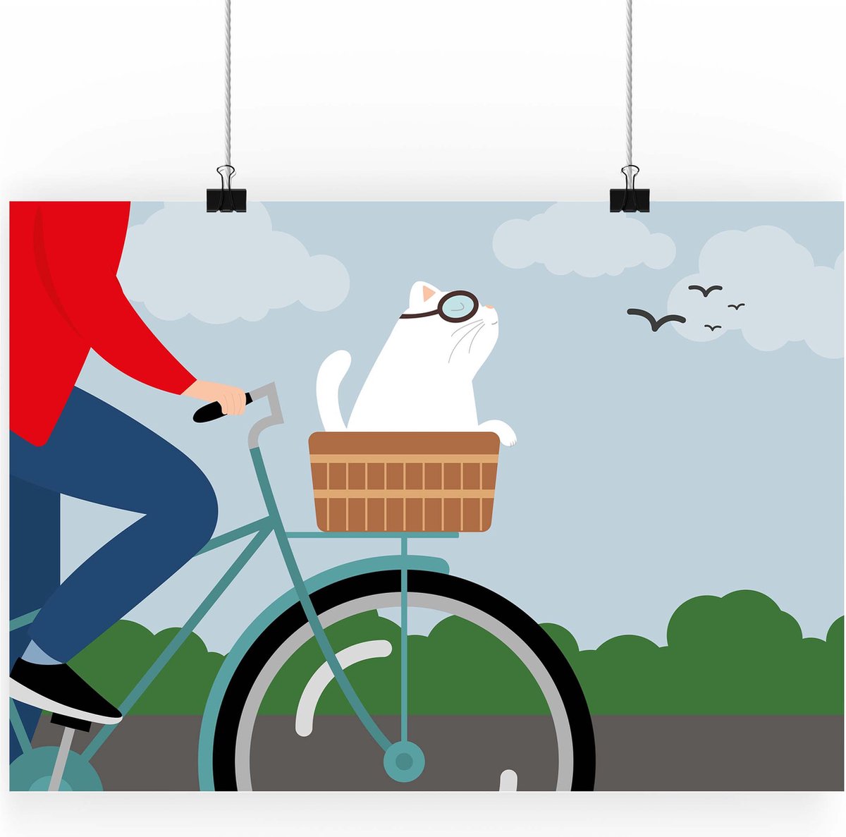 Artprint Fietsen met kat - illustratie in A3 formaat - Poster met fietsend persoon met een kat in de voormand