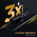 Chargeur USB-C noir 45W sur un smartphone, avec le texte "3x plus rapide"