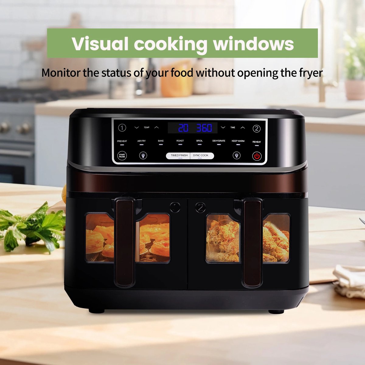 Afbeelding 3 van Mygroot - Heteluchtfriteuse 2 kamers - Met kijkvenster - 10 liter - Dubbele lades - Hete-lucht friteuse met touchscreen - 8 automatische programmas.
