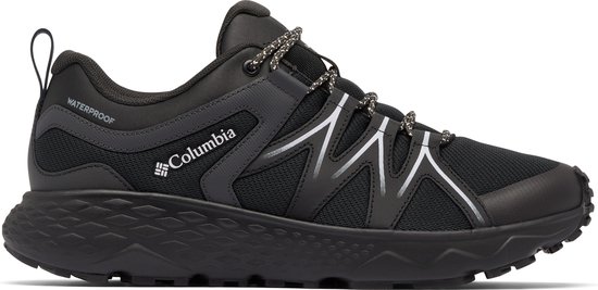 Chaussure de randonnée Columbia noire avec accents gris en zigzag et logo "WATERPROOF" sur le talon.