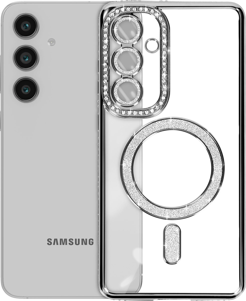 Avizar Diamond Hoesje Geschikt voor Samsung Galaxy S24 FE MagSafe Omtrek Strass, Zwart