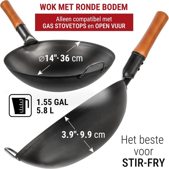 YOSUKATA Koolstofstalen Wokpan en Roerbakpannen 36 cm - Voorbehandelde Wok Met Ronde Bodem - Pow Wok - Traditionele Chinese Japanse Pan - Compatibel met gas en open vuur (Zwart
