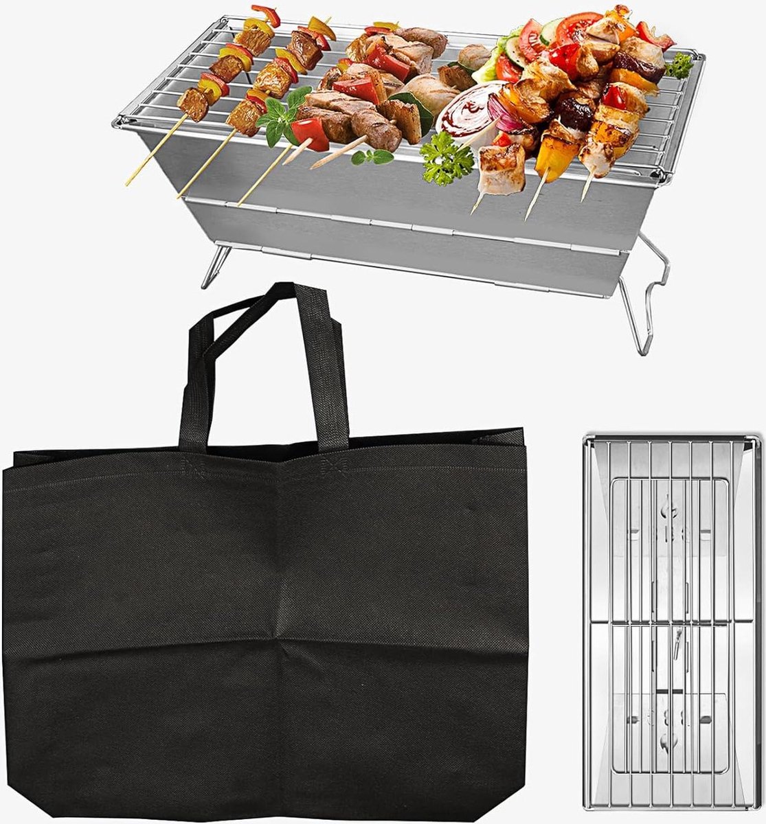 Draagbare roestvrijstalen houtskoolgrill - opvouwbaar buitenbarbecuesysteem met opbergtas - picknick en kamperen .