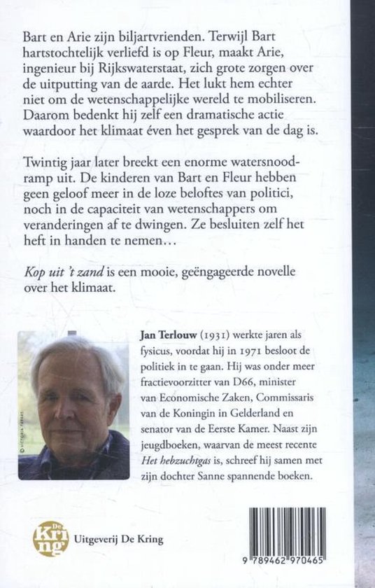 Boekcover met portretfoto van Jan Terlouw. Tekst: 'Kop uit 't zand', een novelle over het klimaat.