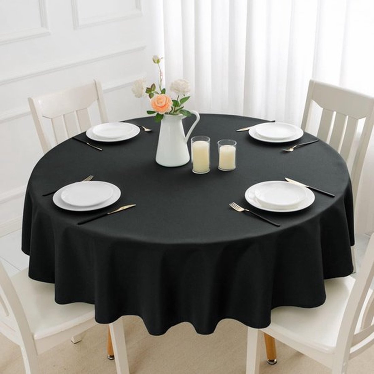 Romanstile Tafelkleed rond, zwart, 200 cm, afwasbaar tafelkleed voor familiediners, feesten of diners, bruiloften, tuinfeesten, conferenties en vergaderingen, buffetten, café, hotel, restaurant,