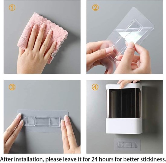 Installatie-instructies: muur schoonmaken, plakker bevestigen, 24 uur laten rusten, dispenser ophangen.
