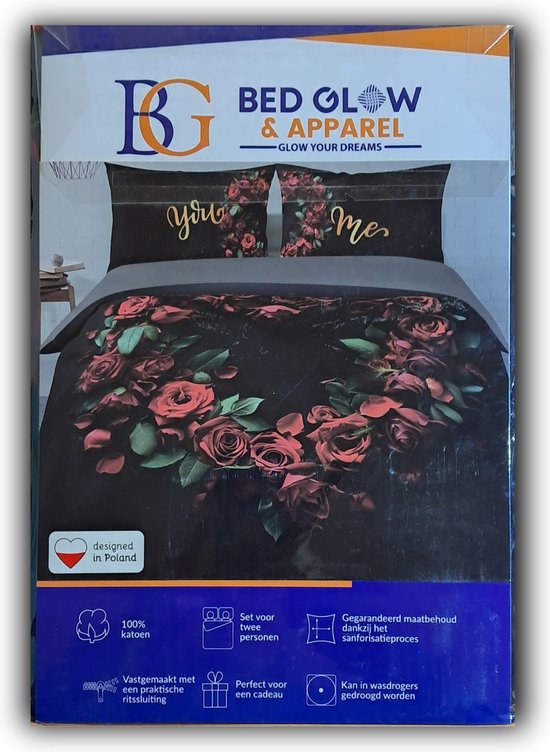 Bed Glow & Apparel - SPECIAAL VALENTIJNSDAGGE SCHENK!!! - Dubbele persoons Dekbedovertrekset 200 x 200 cm en 2 kussensloops 60x70 cm - 100% katoen - Bloemen patroon in hart figuur van Bed Glow & Apparel — afbeelding 3