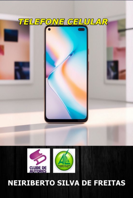 Gouden smartphone met paars, blauw en oranje wallpaper. "TELEFONE CELULAR" is bovenaan.