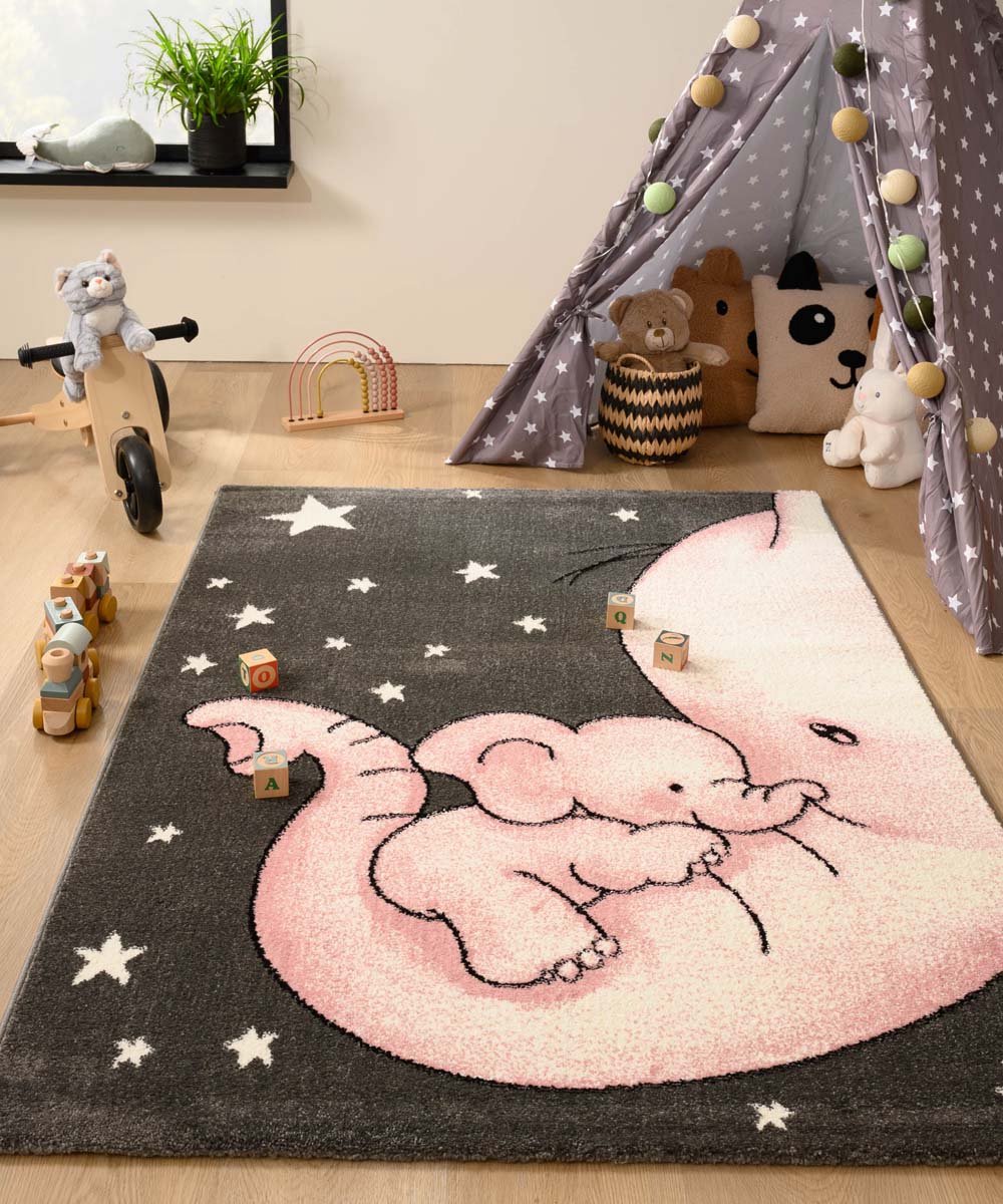 Tapeso Kindervloerkleed olifant - Adventures grijs/roze 80x150