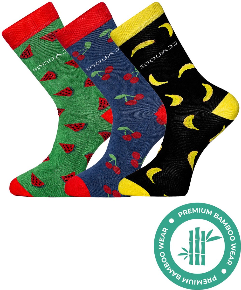 SQQUADD® Bamboe Sokken Dames en Heren - Fruitsokken Mix 3-pack - Maat 43-46 - Naadloos en Duurzaam - Tegen Zweetvoeten - Bamboo - Banaan Meloen Kersen