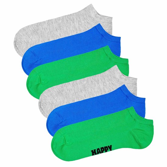 Zes paar enkellaagse sokken in grijs, blauw en groen. De groene sokken hebben het woord 'HAPPY' erop.