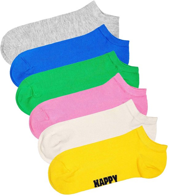Zes enkellaagse Happy Socks in de kleuren grijs, blauw, groen, roze, crème en geel. Elk met 'HAPPY' tekst.