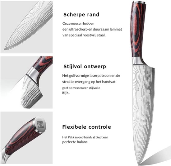 Ensemble de couteaux de cuisine 3 pièces en acier inoxydable au carbone de haute qualité. Ensemble de couteaux Ultra tranchants avec couteau de chef, couteau à découper et couteau universel. Couteau de chef professionnel avec manche en bois de pakka.