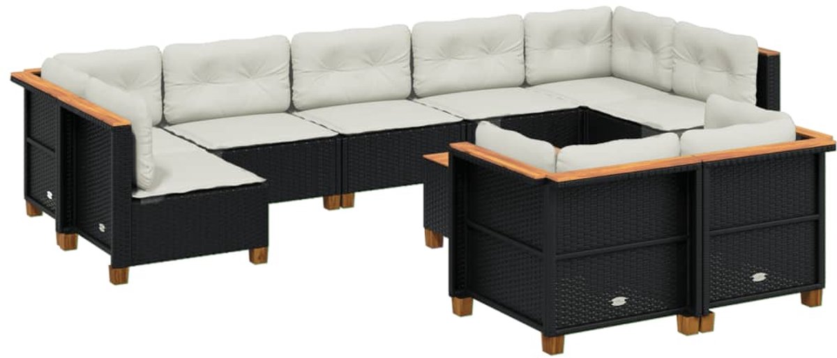 The Living Store 10-delige Loungeset met kussens poly rattan zwart - Loungebank - Lounge Set - Buitendecoratie - Tuinmeubels - Tuinlounge