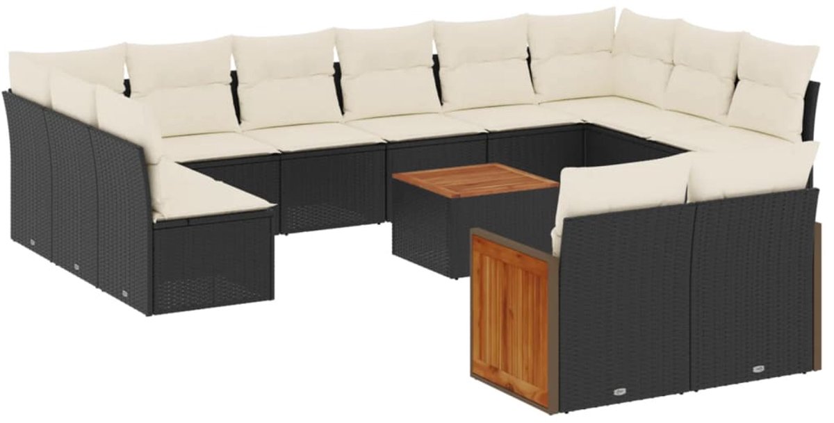 The Living Store 13-delige Loungeset met kussens poly rattan zwart - Loungebank - Lounge Set - Buitendecoratie - Tuinmeubels - Loungestoel