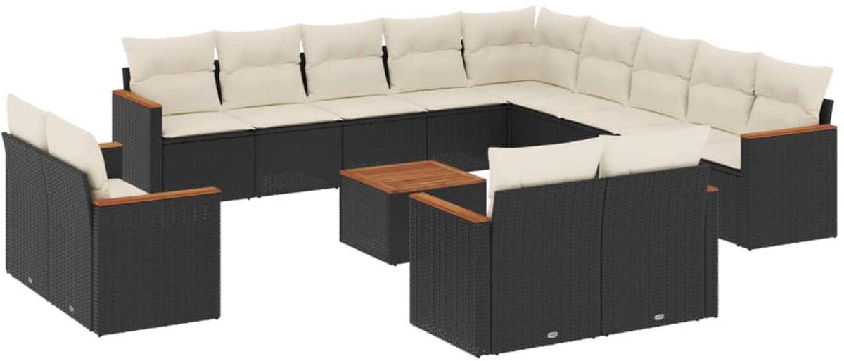 The Living Store 14-delige Loungeset met kussens poly rattan zwart - Tuin Lounge Set - Loungebank - Buitendiner - Outdoor Furniture - Teak Meubel