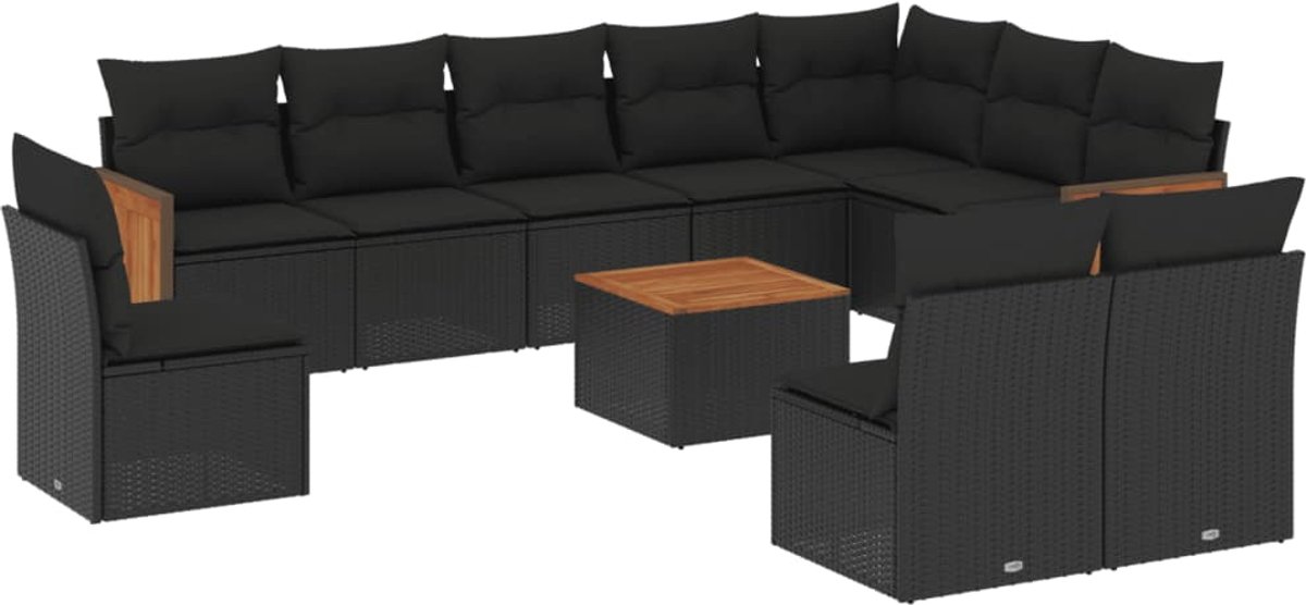 The Living Store 11-delige Loungeset met kussens poly rattan zwart - Loungebank - Lounge Set - Tuinlounge - Buitendiner - Outdoor Furniture
