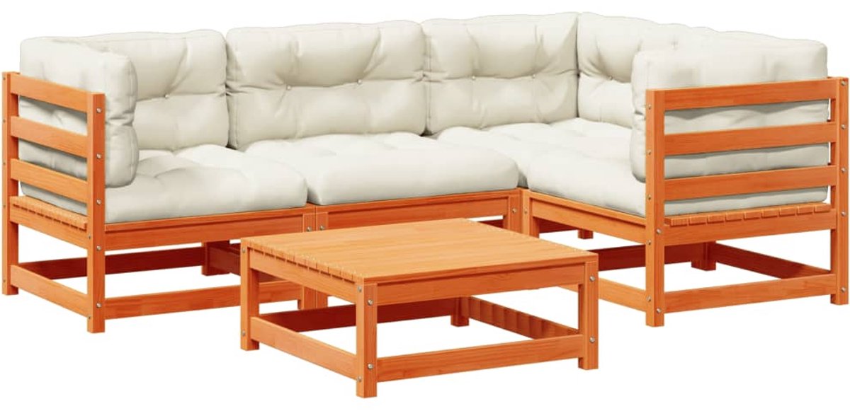 The Living Store 5-delige Loungeset met kussens massief grenenhout wasbruin - Tuinmeubles - Lounge Set - Hoekbank - Buitentijd - Houten Bank