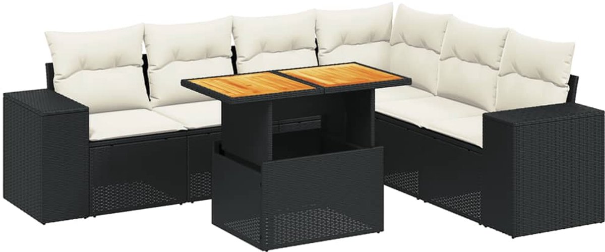 The Living Store 7-delige Loungeset met kussens poly rattan zwart - Loungebank - Lounge Set - Tuinset - Buitendecoratie - Tuinmeubels