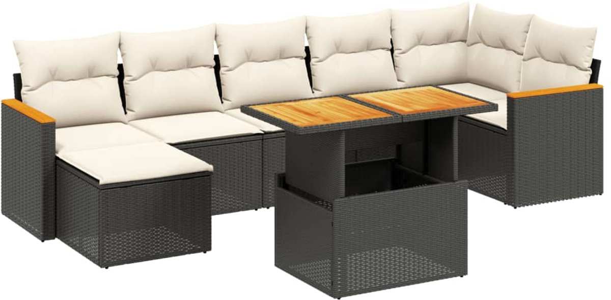 Elegante zwarte poly rattan loungeset met kussens voor buiten.