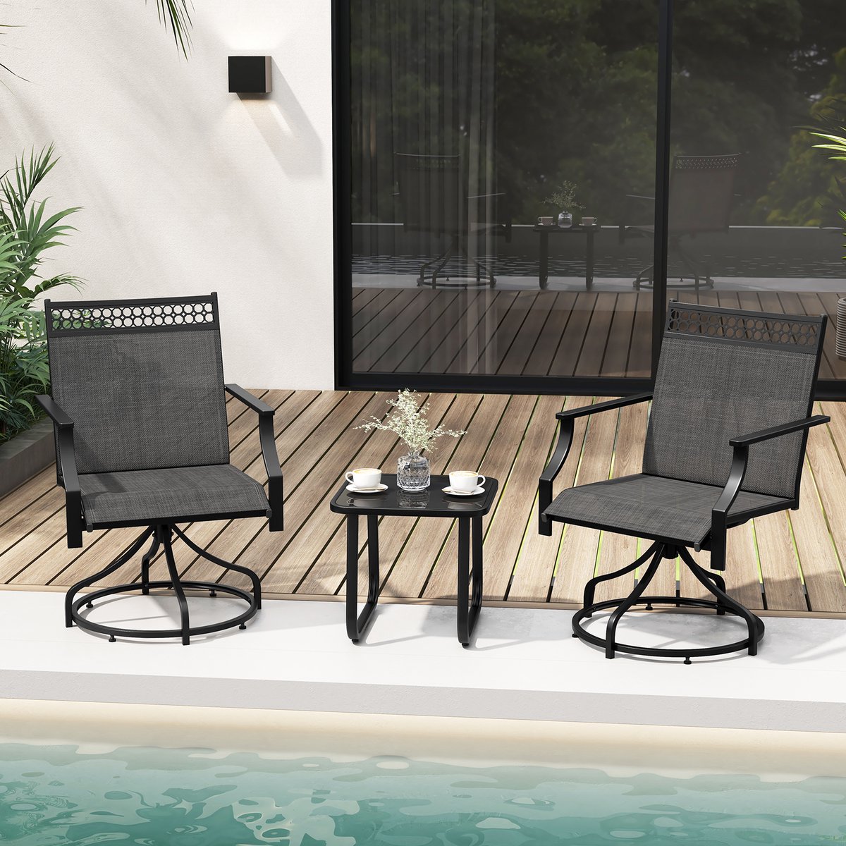 COSTWAY Tuinstoelen, 360 graden draaibaar, set van 2 terrasstoelen, met sneldrogende stof, grote balkonstoelen, belastbaar tot 180 kg, voor tuin, achtertuin, balkon, zwart