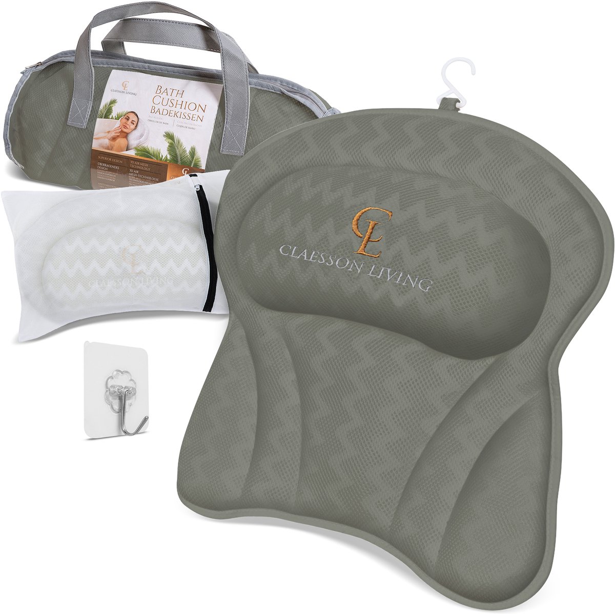 Goedkoopste Badkussen Claessonliving (41x41cm) - Badkussen met Hoofdsteun ondersteunt Nek, Rug en Hoofd - Nekkussen met 6 sterke Zuignappen voor fixatie - Badkussens worden geleverd met Was- en Reistassen - Grijs