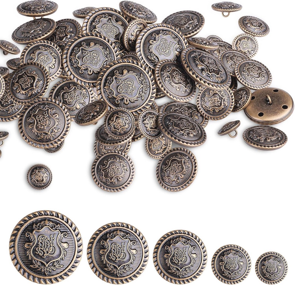 Vintage Metalen Blazerknopen Set - 50 Stuks in Diverse Maten (15mm-30mm) voor Kleding & Doe-Het-Zelf Projecten