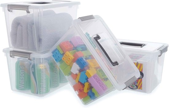 SUNDIS Clip'N Store, set van 4 9L kunststof opbergboxen, transparant