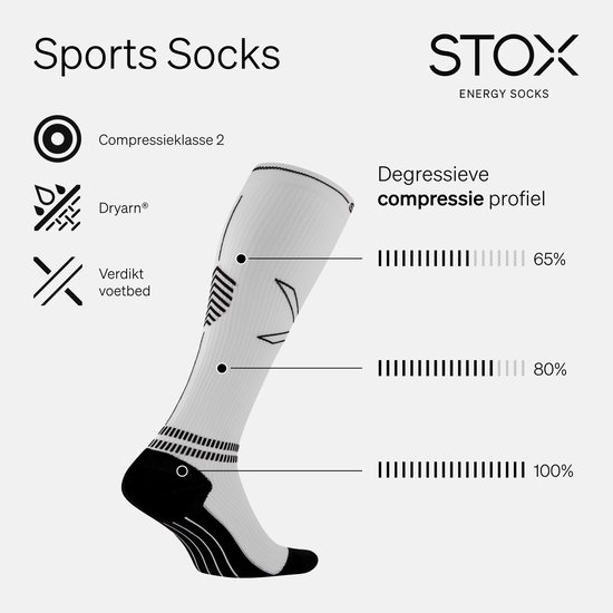 Chaussette de sport blanche avec profil de compression, talon et bout noirs. Indications : Classe de compression 2, Dryarn, semelle intérieure épaisse.