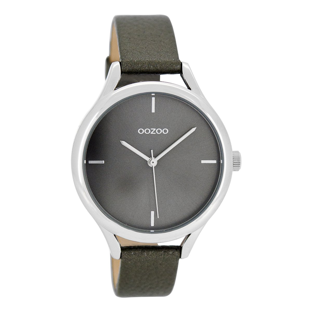 OOZOO Timepieces - Zilverkleurige horloge met grijze leren band - C8348