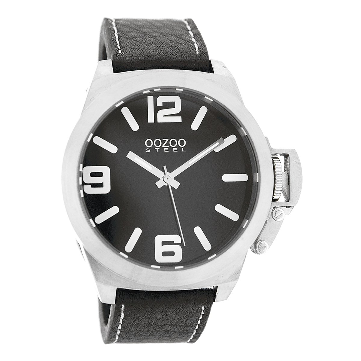 OOZOO Timepieces - Zilverkleurige horloge met zwarte leren band - OS012