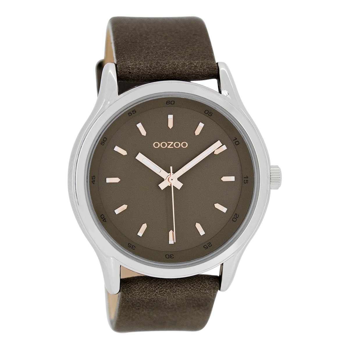OOZOO Timepieces - Zilverkleurige horloge met donker bruine leren band - C7439