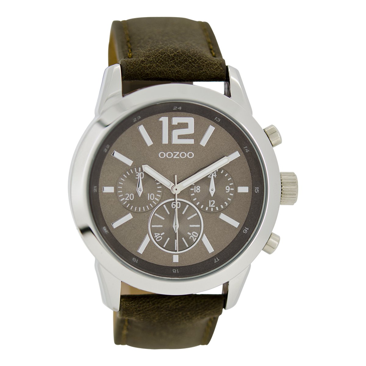 OOZOO Timepieces - Zilverkleurige horloge met donker bruine leren band - C6181