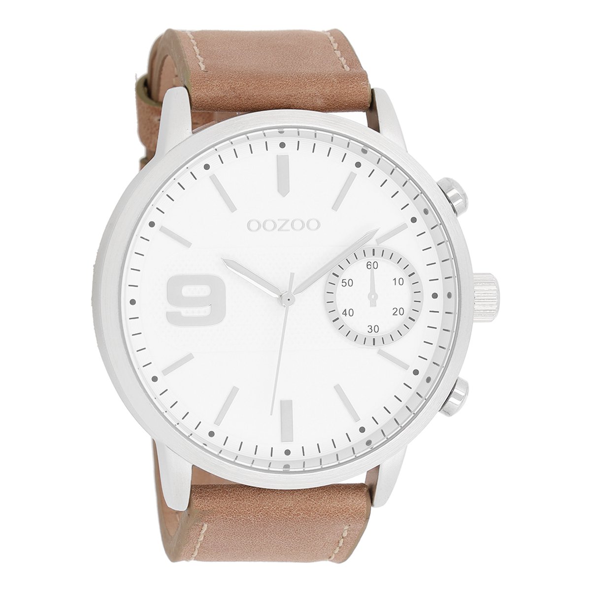 OOZOO Timepieces - Zilverkleurige horloge met bruine leren band - C8580