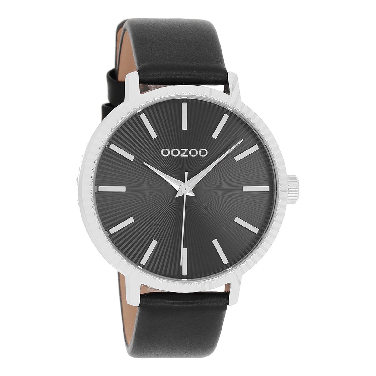 OOZOO Timepieces - Zilverkleurige horloge met zwarte leren band - C9199