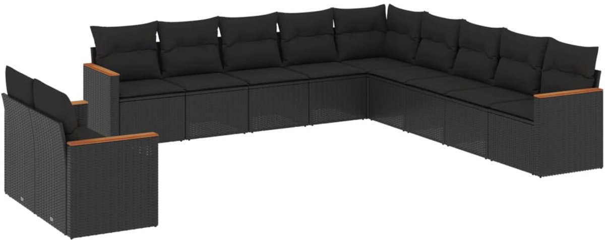 The Living Store 11-delige Loungeset met kussens poly rattan zwart - Loungebank - Lounge Set - Tuinset - Buitendecoratie - Tuinbank