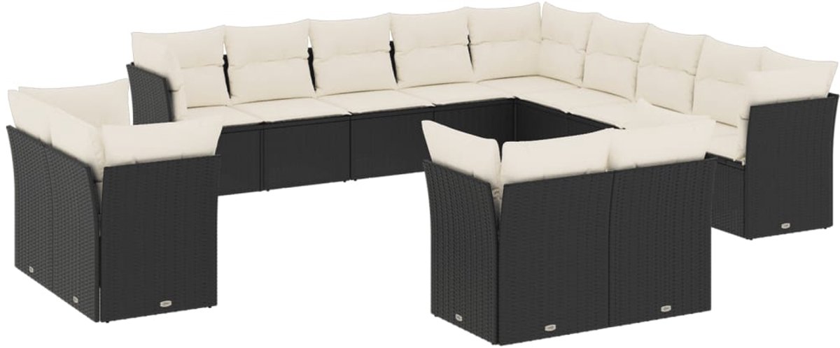 Zwarte poly rattan loungeset met kussens voor tuindecoratie.