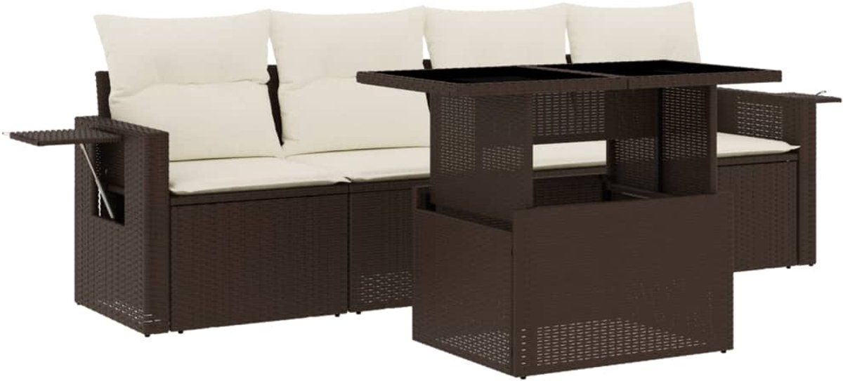 The Living Store 5-delige Loungeset met kussens poly rattan bruin - Loungeset - Tuinmeubelen - Lounge Set - Buitendecoratie - PE-rattan