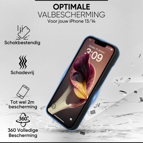 Zwarte iPhone 13/14 hoes met tekst en iconen die valbescherming, schokbestendigheid en 360° bescherming aangeven.