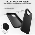 Buitenkant en binnenkant van een mat zwarte iPhone hoes, met tekst over krasbestendigheid en anti-vingerafdruk.