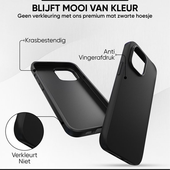 Buitenkant en binnenkant van een mat zwarte iPhone hoes, met tekst over krasbestendigheid en anti-vingerafdruk.