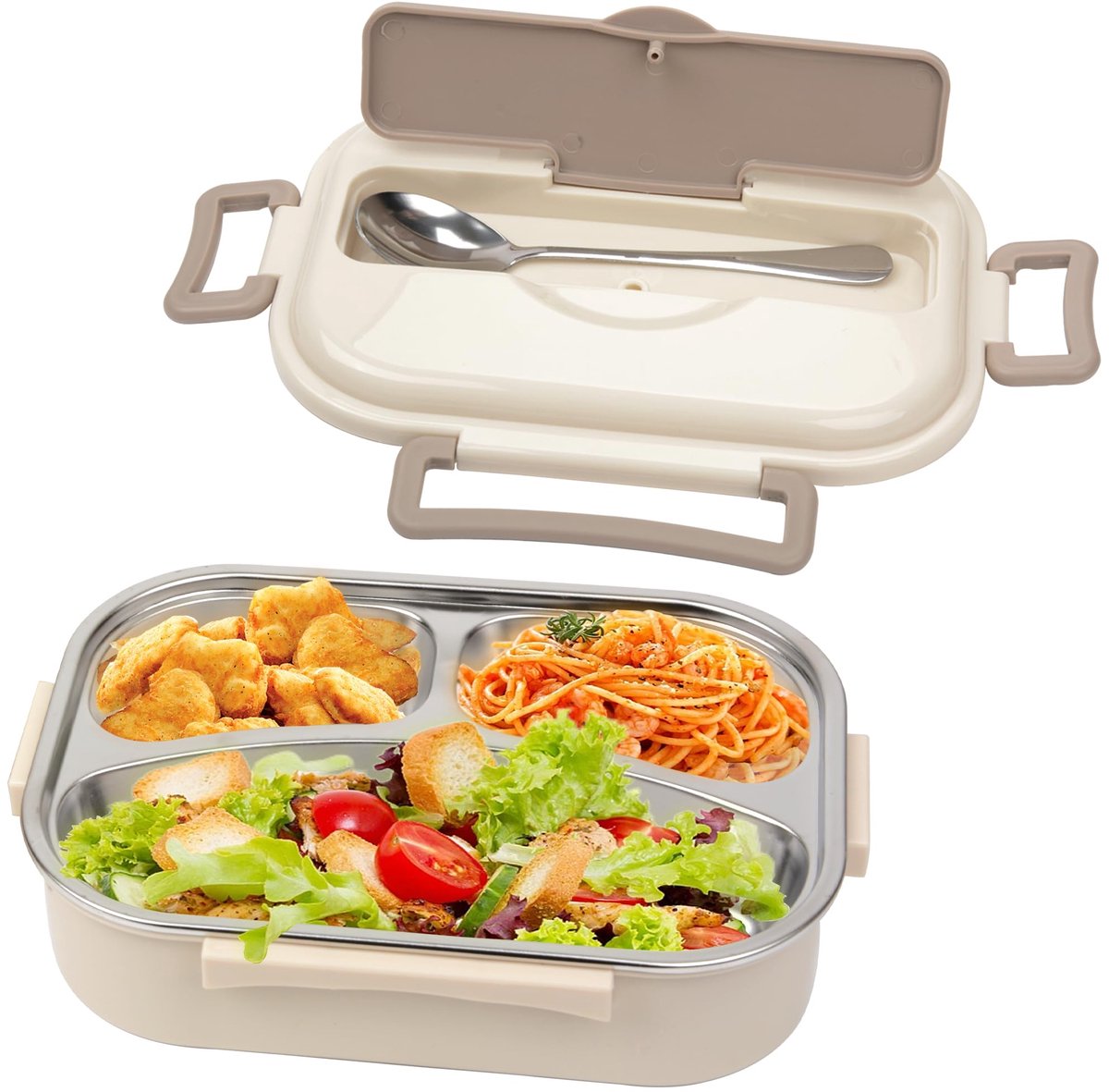 My Ninki ® Draagbare Isolerende Lunchbox met Drie Compartimenten en Herbruikbare Lepel van Roestvrij Staal