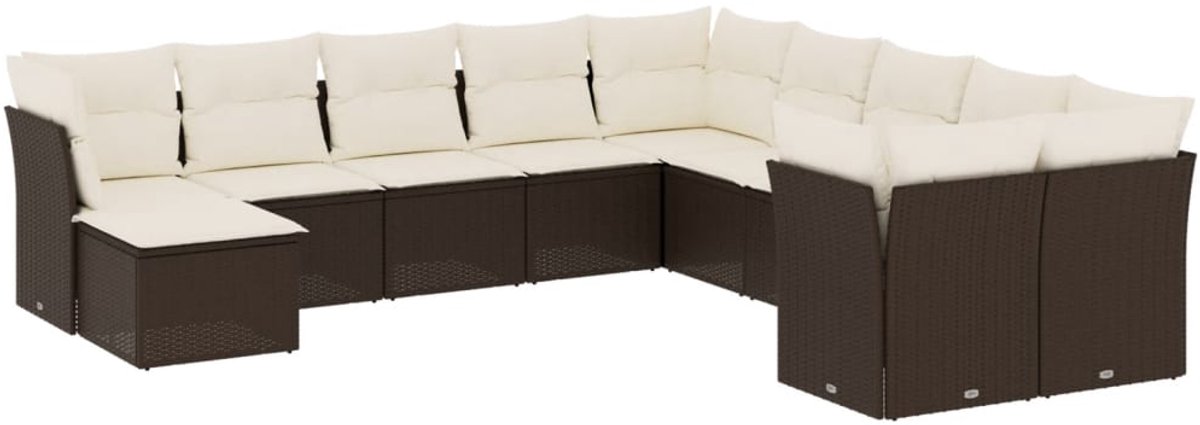 Moderne bruine poly rattan loungeset met kussens voor buiten.