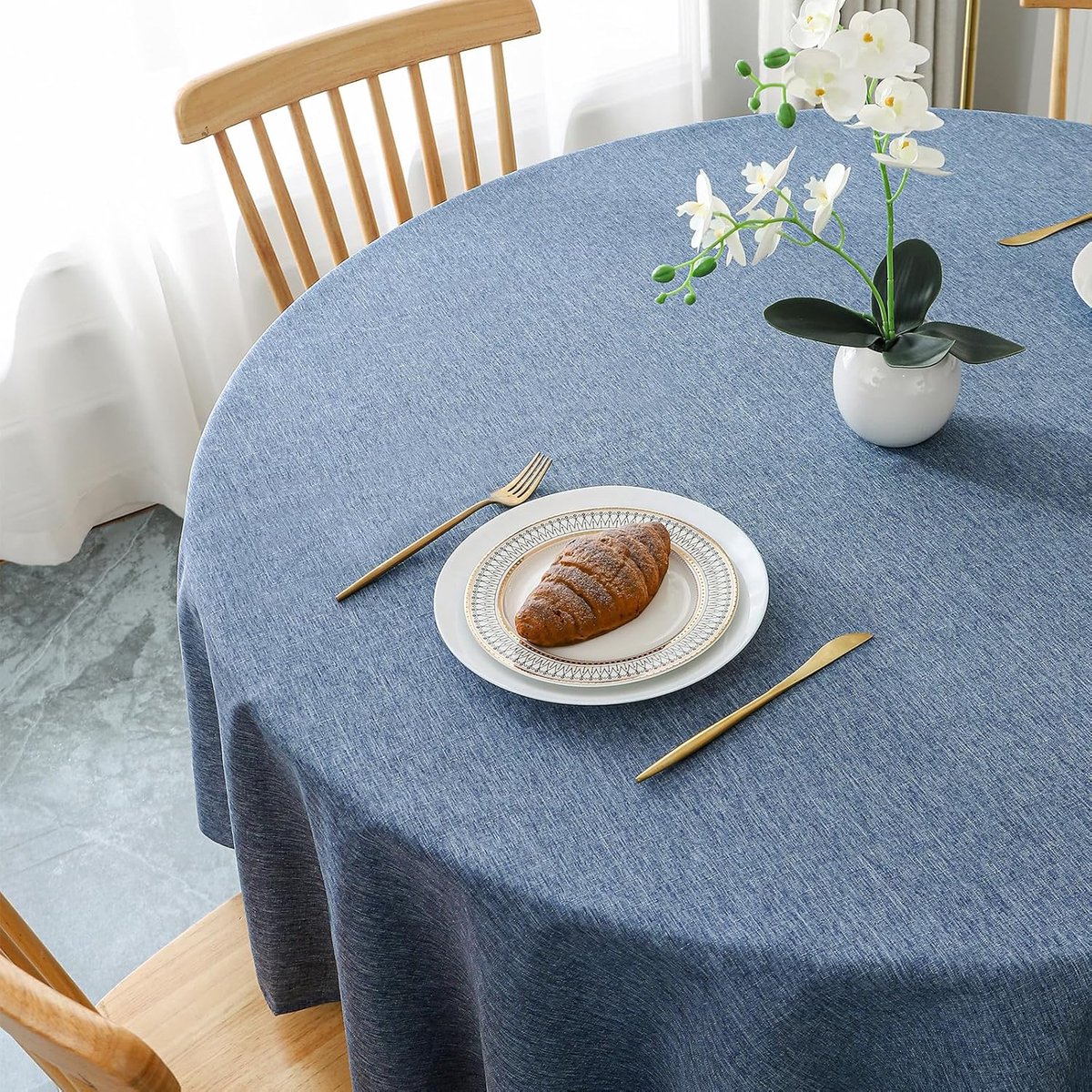 Rond Tafelkleed Ø120 cm - Waterafstotend & Afwasbaar Linnen-look - Binnen & Buiten - Blauw