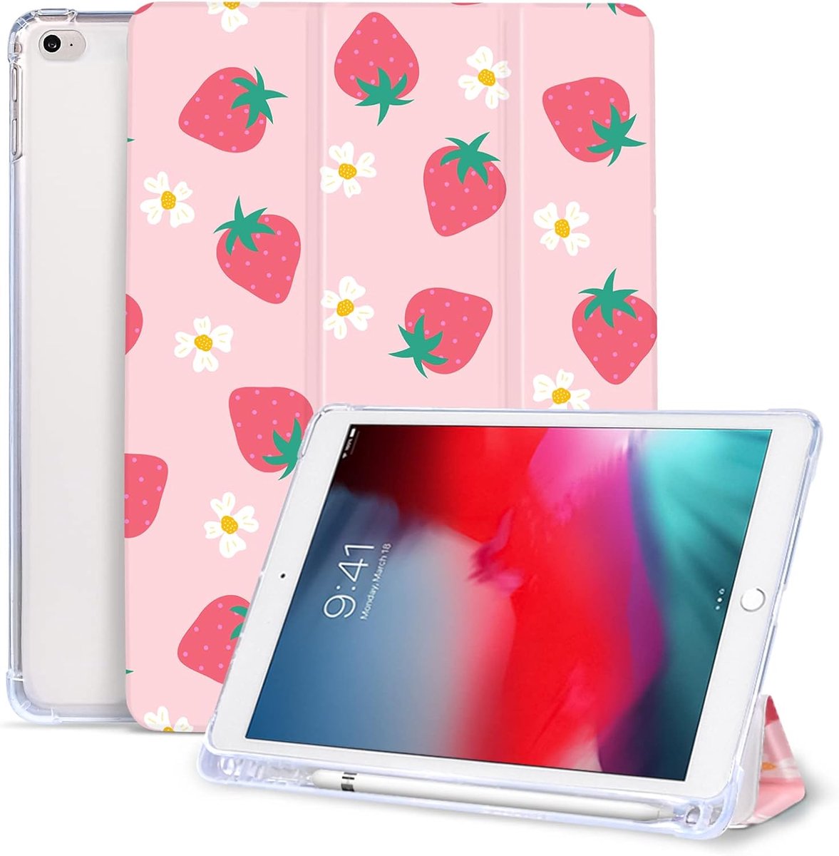 iPad 6e/5e Generatie 9.7 inch Hoes met Potlood Houder en Auto Slaap/Wake Functie - Aardbei/Smiley Face Tri-fold Stand Beschermhoes