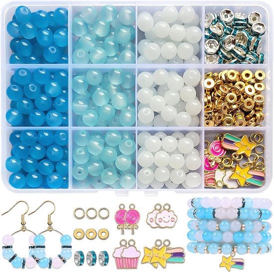Ensemble de Perles - 300 perles de verre pour la fabrication de bijoux - Perles de verre rondes - Kit de fabrication de bracelets en perles de verre - Bleu
